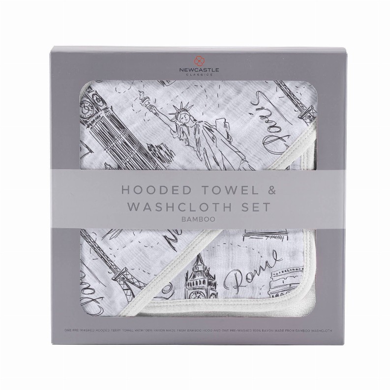 Hooded Towel and Washcloth Set London, Paris, New York 