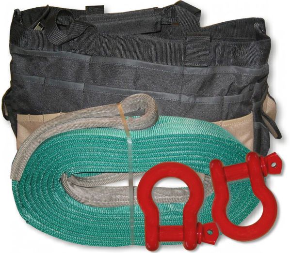 U.S. made MEGA RECOVERY STRAP 4 inch X 30 ft TWO-PLY with 'PATRIOT RED' 7/8 inch X-Large D-shackles & Carry Bag (OFF-ROAD RECOVE
