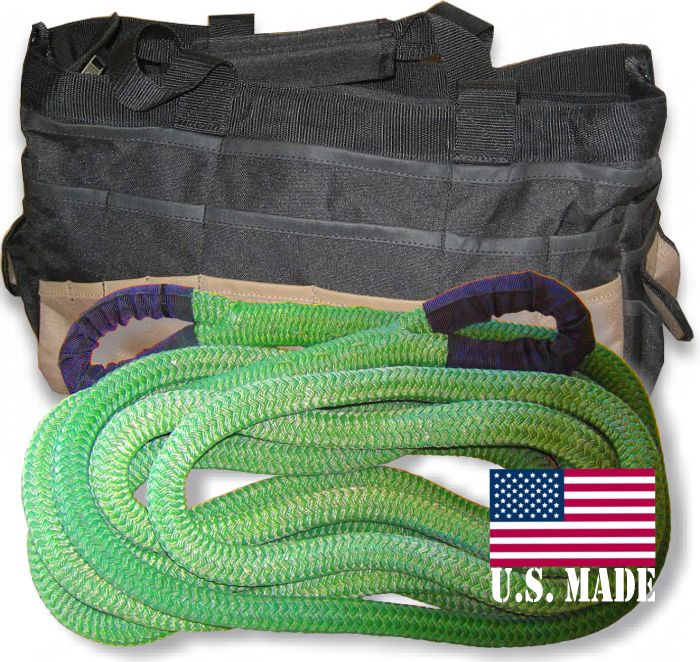 U.S. made 1-1/8 inch X 30 ft "GECKO GREEN" Safe-T-Line Kinetic Recovery ROPE with Heavy-Duty Carry Bag (4X4 VEHICLE RECOVERY)