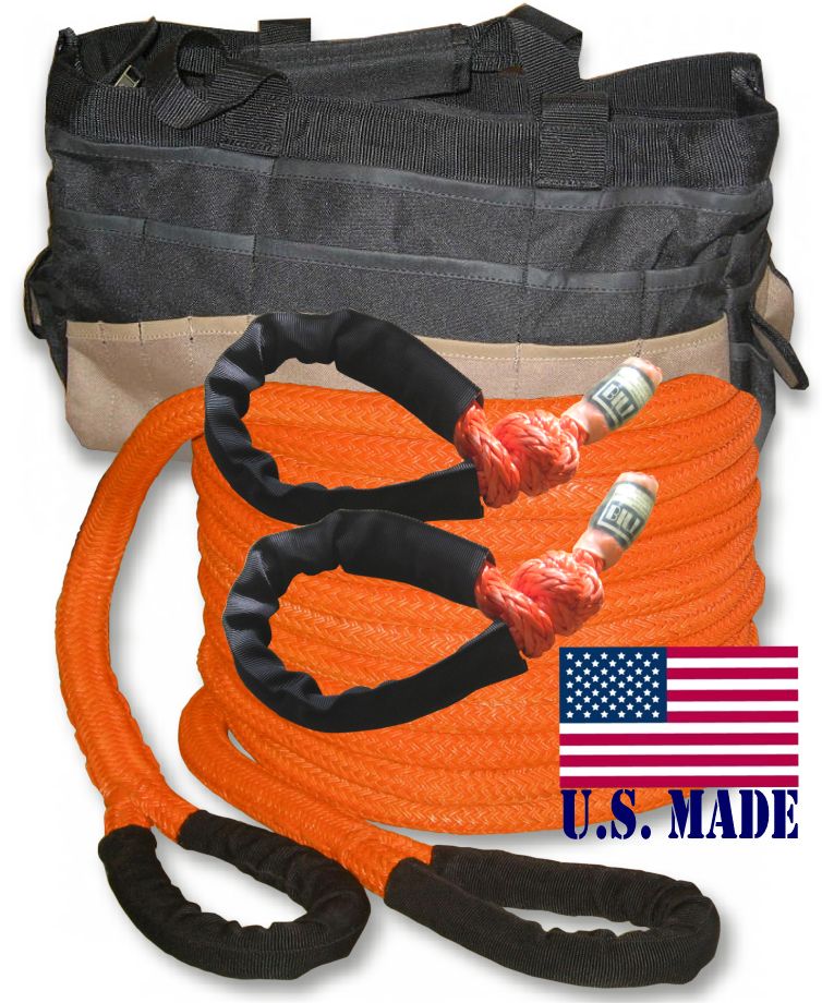 U.S. made 1 inch X 30 ft "Safety Orange" Safe-T-Line Kinetic Snatch Rope with Soft Shackles (pair) & Heavy-Duty Carry Bag - 4X4