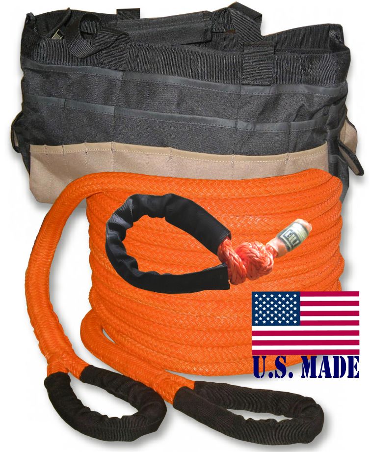 U.S. made 1 inch X 30 ft "Safety Orange" Safe-T-Line Kinetic Snatch Rope with Soft Shackle (single) & Heavy-Duty Carry Bag - 4X4