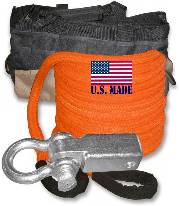 U.S. made "Safety Orange" Safe-T-Line Kinetic RECOVERY ROPE (Snatch Rope) - 1 inch X 30 ft with Receiver Shackle Bracket & HD C