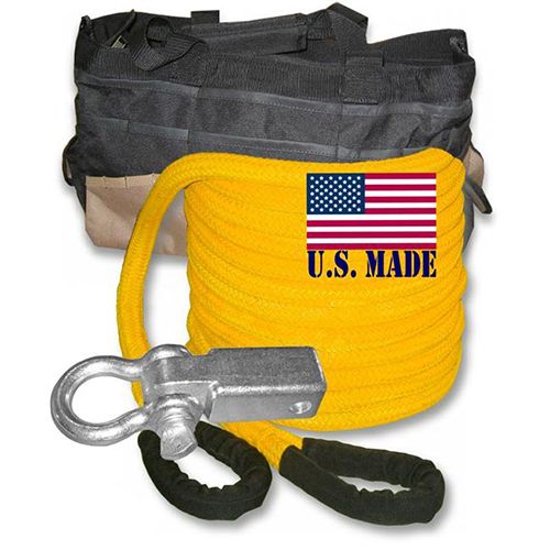 U.S. made "SAFETY YELLOW" Safe-T-Line Kinetic Snatch ROPE - 1 inch X 30 ft with Receiver Shackle Bracket & HD Carry Bag (4X4 VE