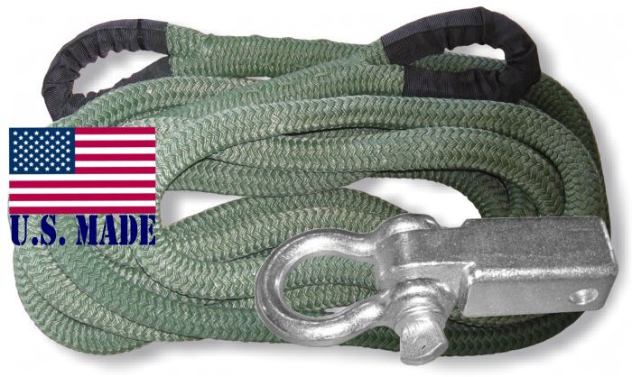 U.S. made "MILITARY GREEN" Safe-T-Line Kinetic Recovery (Snatch) ROPE - 1 inch X 30 ft with Receiver Shackle Bracket (4X4 VEHIC