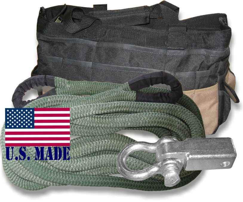 U.S. made "MILITARY GREEN" Safe-T-Line Kinetic Recovery (Snatch) ROPE - 1 inch X 30 ft with Receiver Shackle Bracket & HD Carry