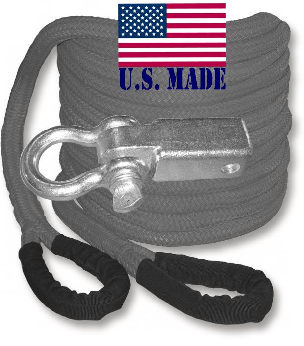 U.S. made "GUNMETAL GREY" Safe-T-Line Kinetic Recovery (Snatch) ROPE - 1 inch X 30 ft with Receiver Shackle Bracket (4X4 VEHICL