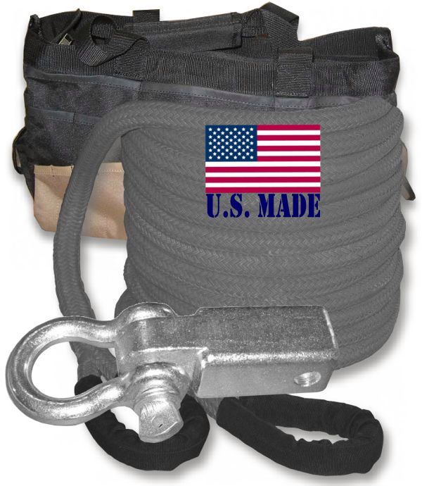 U.S. made "GUNMETAL GREY" Safe-T-Line Kinetic Recovery (Snatch) ROPE - 1 inch X 30 ft with Receiver Shackle Bracket & HD Carry