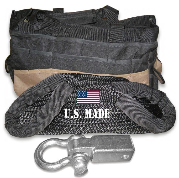 U.S. made KINETIC Snatch Rope MILITARY-GRADE (BLACK) - 1 inch X 30 ft with Receiver Shackle Bracket and Heavy-Duty Carry Bag (4
