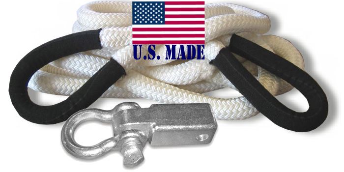 U.S. made KINETIC Snatch Rope - 1 inch X 30 ft ("The Original") with Receiver Shackle Bracket (4X4 VEHICLE RECOVERY)