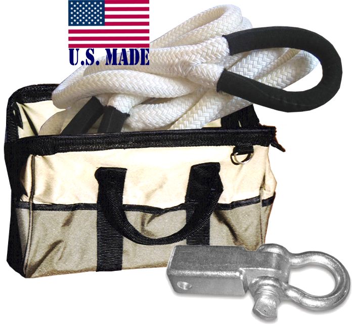 U.S. made KINETIC Snatch Rope - 1 inch X 30 ft ("The Original") with Receiver Shackle Bracket and Heavy-Duty Carry Bag (4X4 VEH