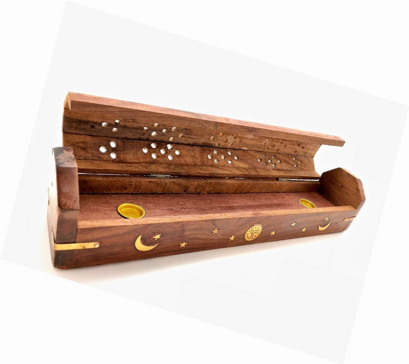 Celestial Wood Incense And Cone Burner, Ash Catcher With Storage
