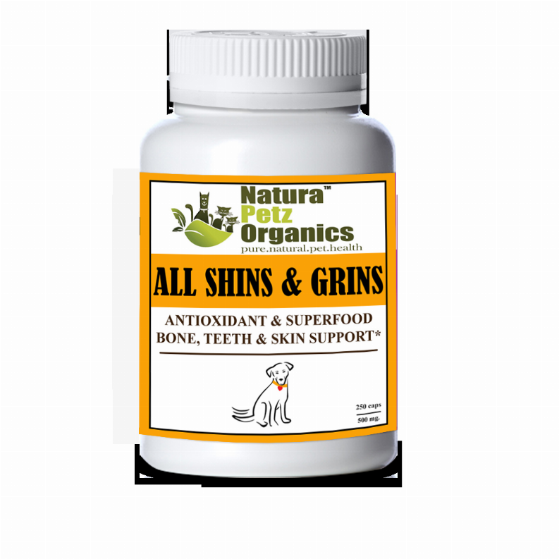 All Shins & Grins Capsules - Antioxidant Super Food Bone, Eye, Teeth & Skin Support Dog & Cat* - DOG/ 250 caps / 500 mg