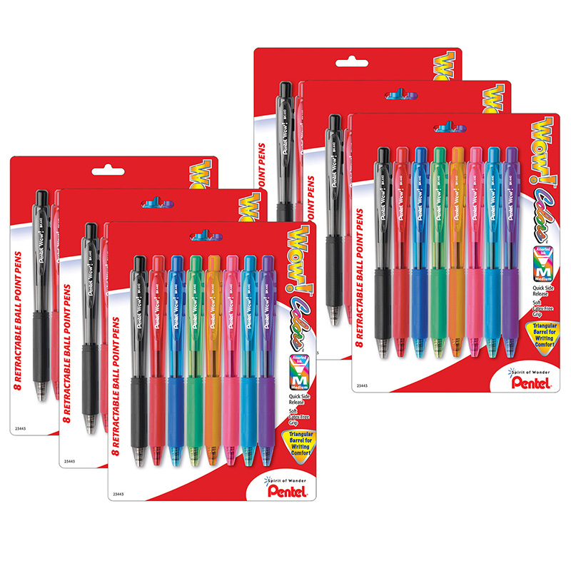 WOW! Retractable Ball Point Pens, Assorted, 8 Per Pack, 6 Packs