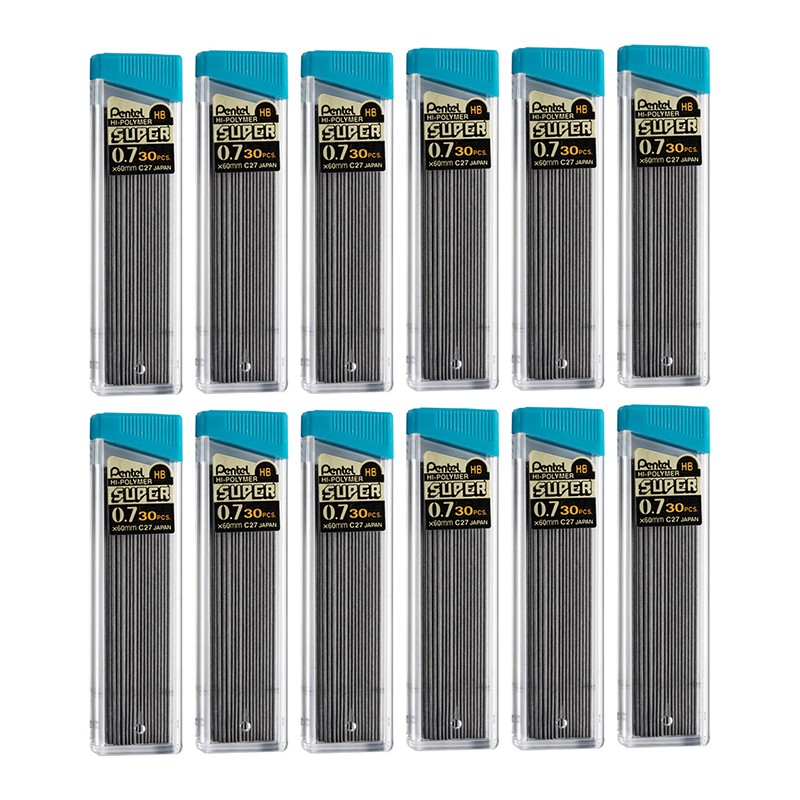 HB Super Hi-Polymer Leads, 0.7mm, Black, 30 Leads Per Pack, 12 Packs