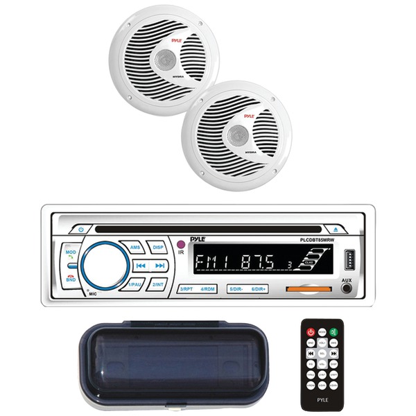 Pyle PLCDBT65MRW Marine Single-DIN In-Dash CD AM/FM Receiver with Two 6.5" Speakers, Splashproof Radio Cover & Bluetooth (White)