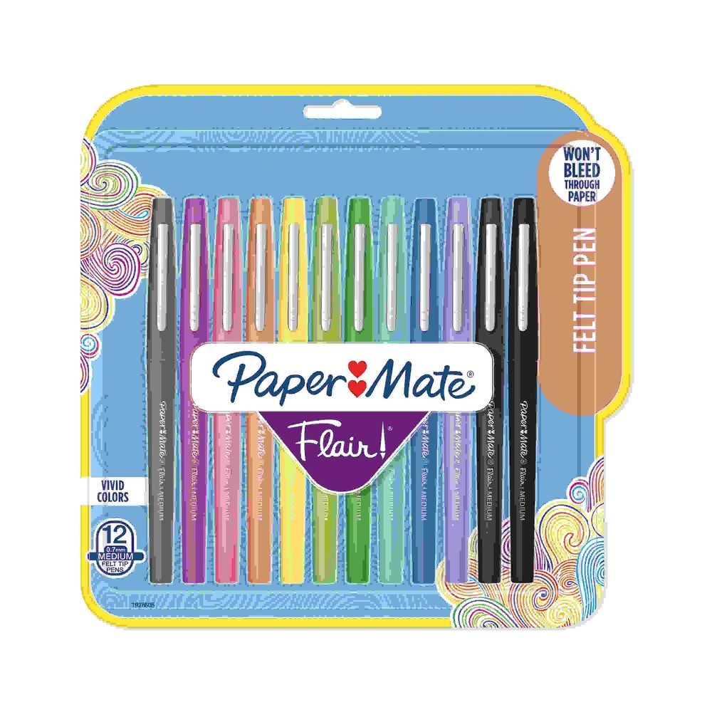 Paper Mate Flair Medium Point Porous Markers - Medium Pen Point - Assorted Water Based Ink - Felt Tip - 12 / Pack