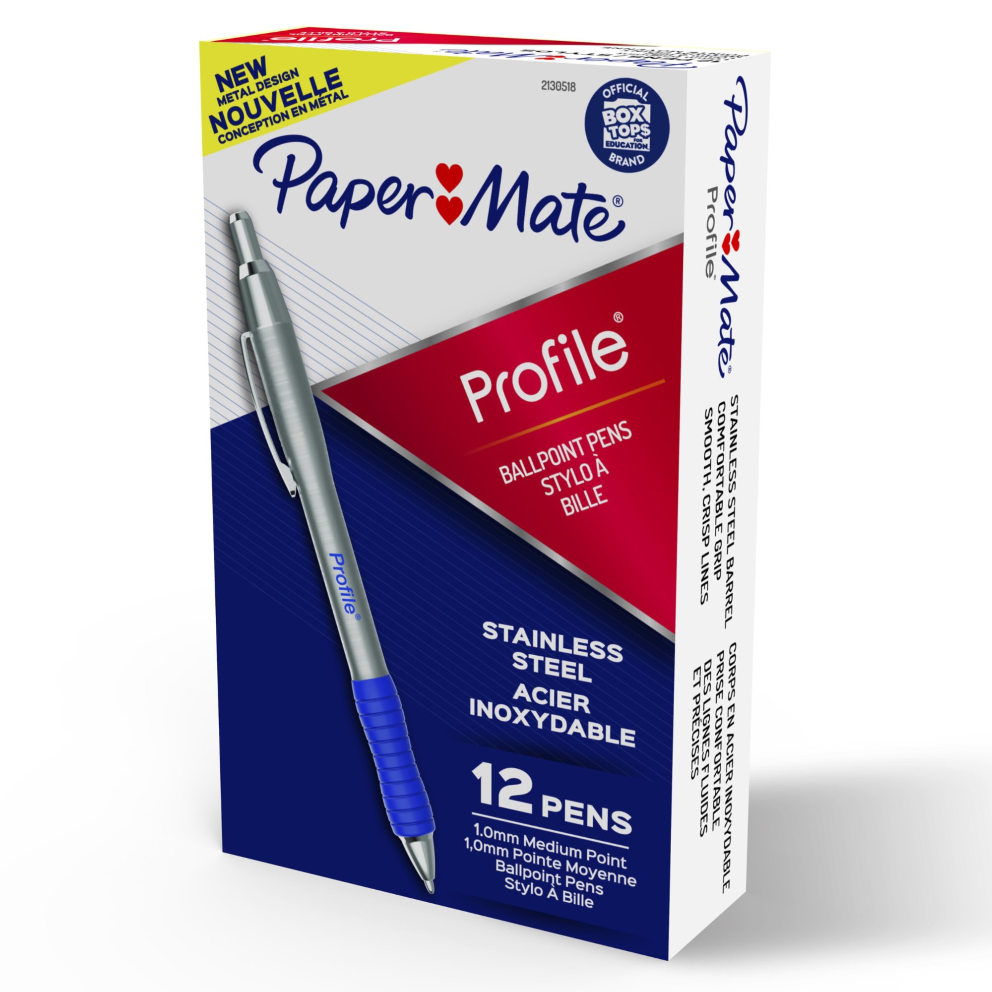 Paper Mate Profile Ballpoint Pen - 1 mm Pen Point Size - Retractable - Blue - Stainless Steel Barrel - 1 Dozen
