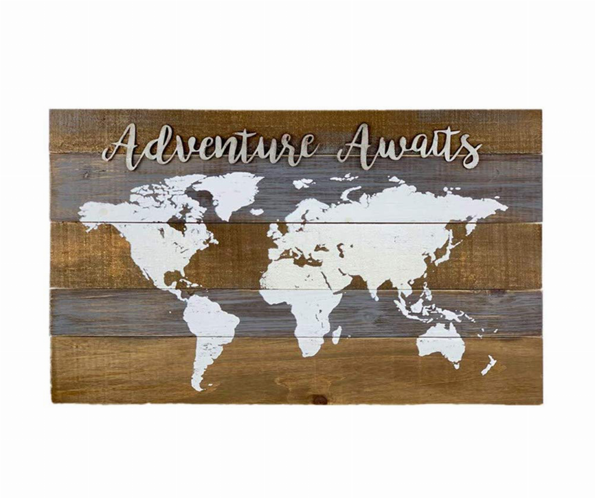 Adventure Awaits World Map Wood Wall Decor- Farmhouse Rustic Wood Wall Plaque-Vintage Adventure Decor,16.75"H x 28"W