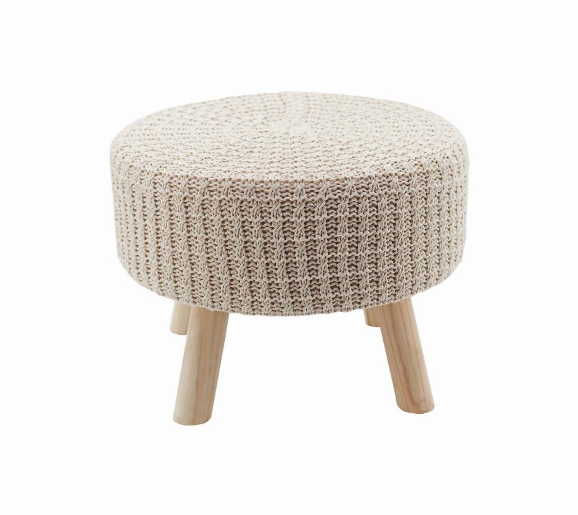 Cotton Hand Knitted Multipurpose Vanity Seat-Footrest Ottoman Stool-Modern Makeup Dressing Chair with 4 Solid Wooden Legs- 17.3"