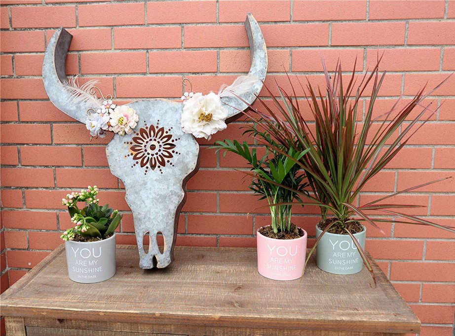 Distressed Galvanized Metal Bull Head Skull Wall Hanging Art Southwestern Cow Steer Skull with Frabic Flowers 18x 19.3 x 2.75 In