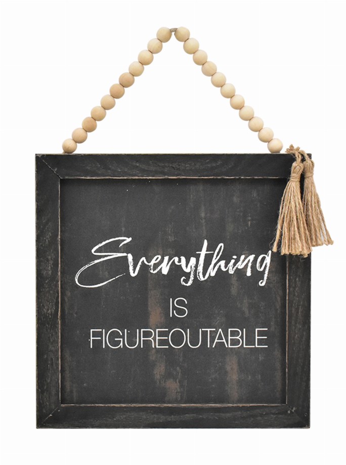 Everything is Figureoutable Wood Framed Wall Sign with Wood Bead String Hanger-Rustic Farmhouse Wood Wall Hanging Decor-Black
