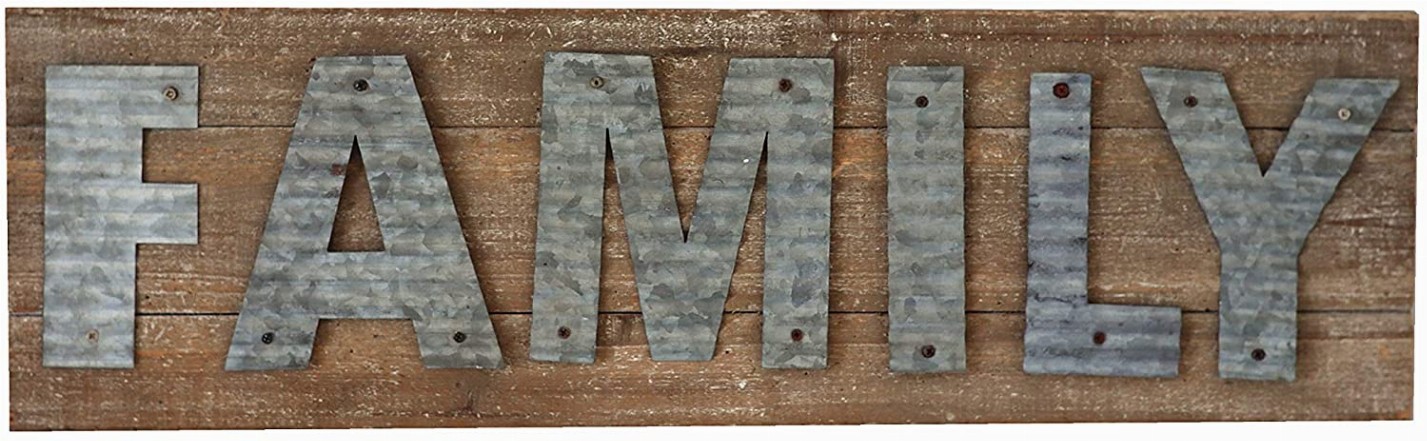 Family Reclaimed Barn Wood Plank with Galvanized Metal Word Wall Decor Plaque Sign 24 x 7 x 1.2 Inches