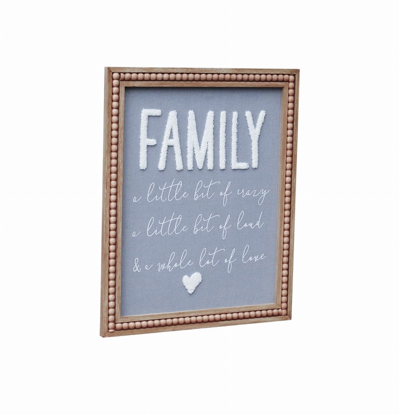 Family Wall Hanging Sign with Gray Fabric Background and White Yarn Sentiment - Bedroom- Living Room- Home Wall Decor-Bead Borde