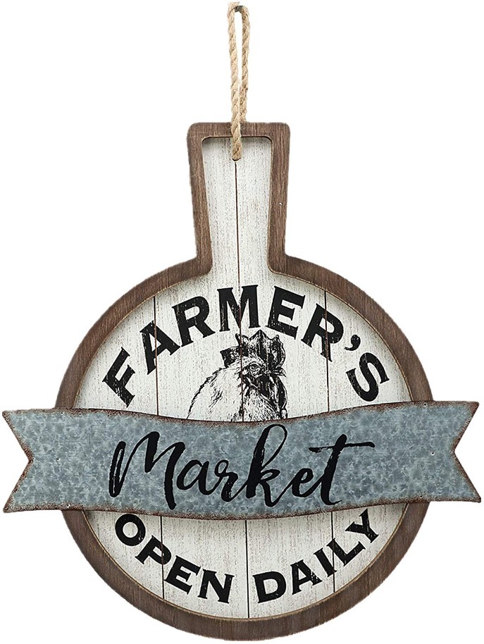 Farmer's Market Open Daily Wood and Metal Circular Signs|Rustic Farmhouse Kitchen Wood Sign Plaque Wall Hanging Decor 17.75x0.5x