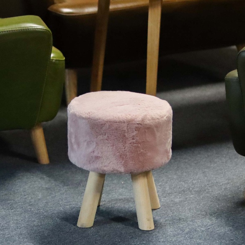 Faux Fur Round Footstool- Soft Compact Padded Seat with 4 Wooden Legs Ottoman-Pink