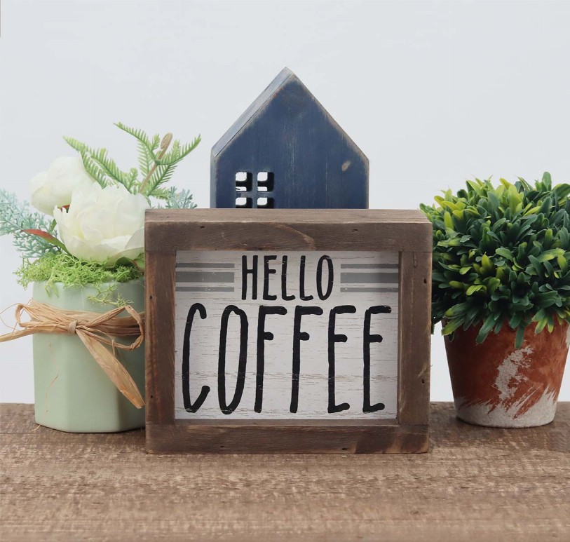 Hello Coffee Barn Wood Small Box Sign for Kitchen Decor Coffee Bar- Rustic Wooden Coffee Sign Plaque Freestanding Farmhouse Kitc