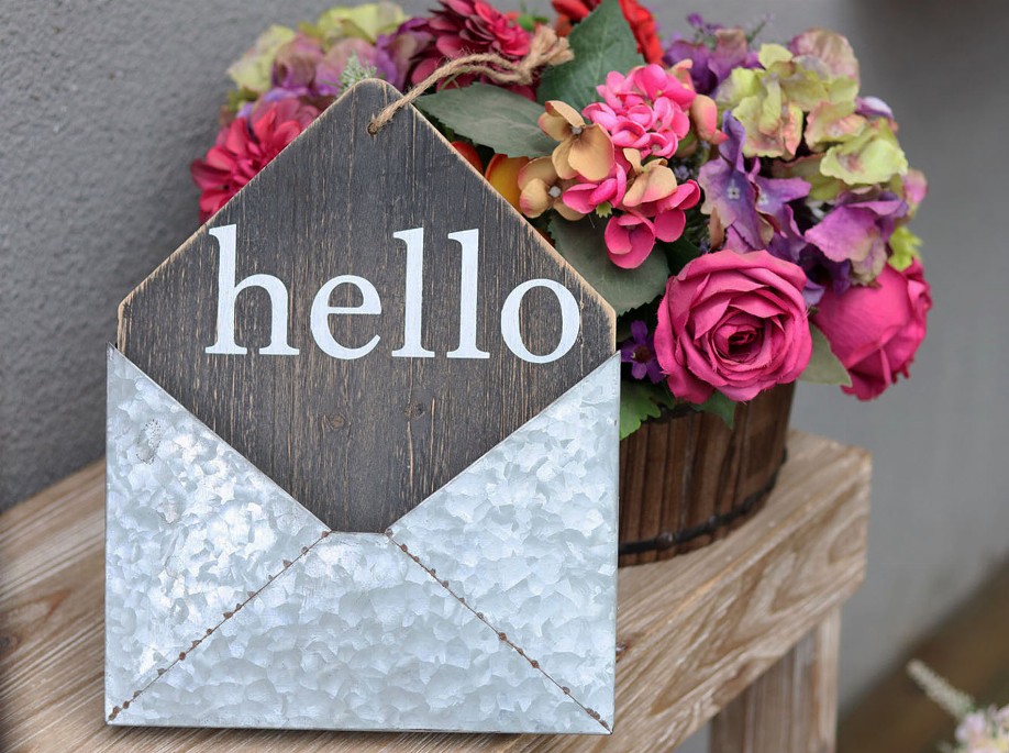 Hello Wall Pocket Galvanized Metal and Wood Envelope Letter Organizer Decor