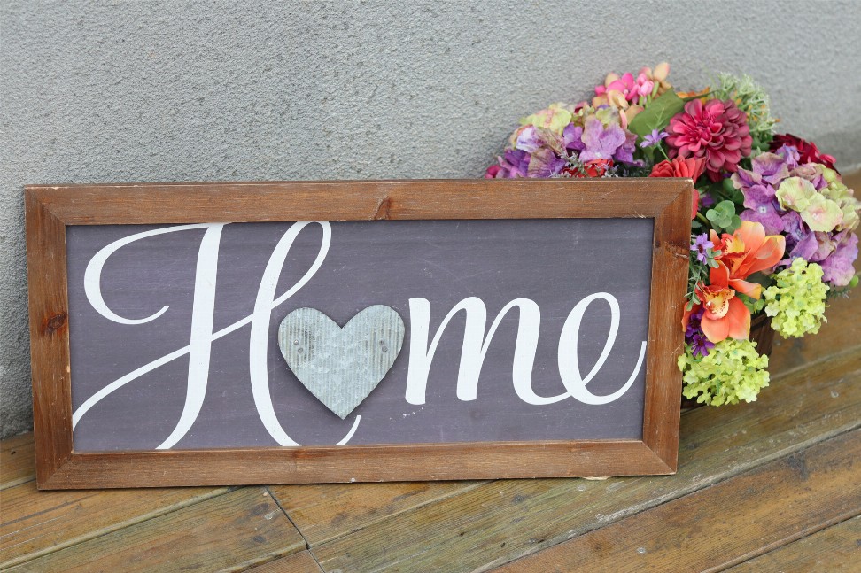 Home Wood Framed Wall Sign with Galvanized Heart Shape Decoration- Farmhouse Decor for Living Room- Bedroom