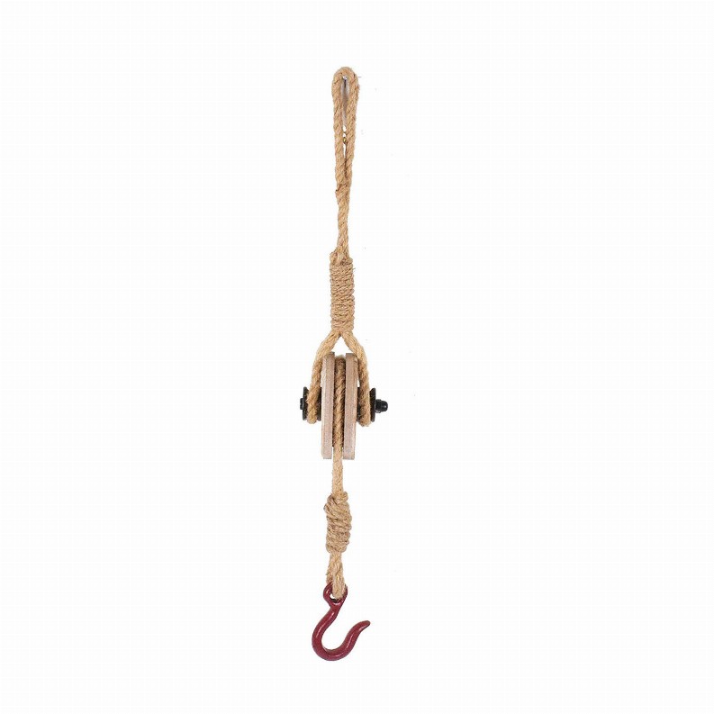 Industrial Decorative Iron Faux Pulley Tackle with Jute Rope and Hook 23 x 4 x 4.75 Inches (Red)