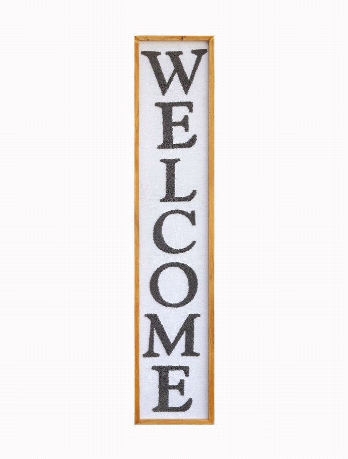 Large Vertical Welcome Wood Wall Sign- Front Door Wall Hanging Decor- Porch Welcome Sign- Natural Wood Framed Home Decor with Wh