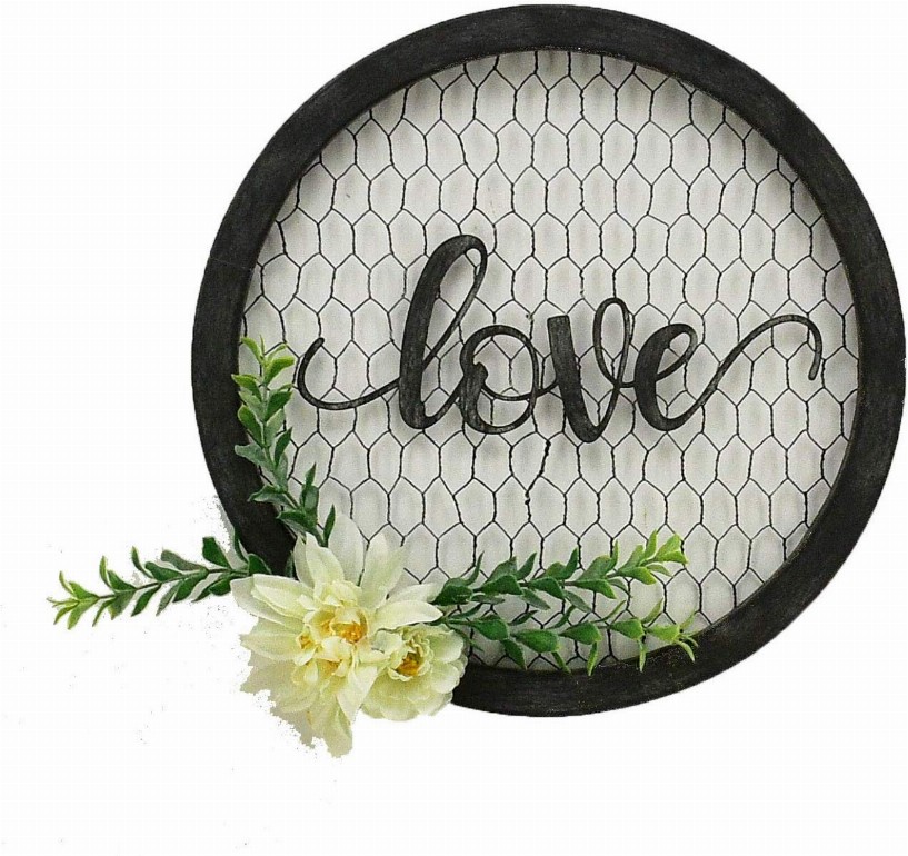 Love Round Metal Wall Hanging Art Sign Word Love on Chicken Wire Round Framed and with Fabric Flower 12.2 x 12.2 x 1.4 Inches (L