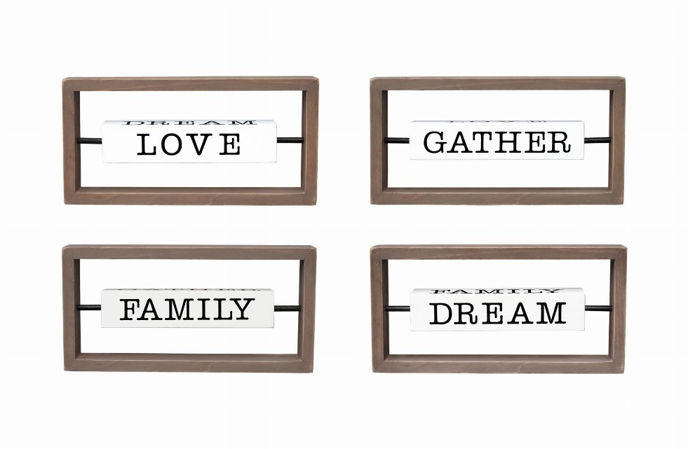 Rotating Wood Tabletop Sign- Love Gather Family Dream 4-Sided Wooden Sign- Mini Freestanding Inspirational Home Decor- 9.875" W 