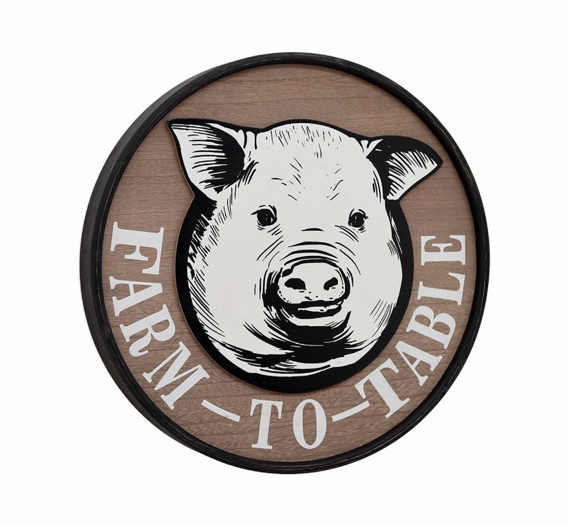 Round Farm to Table Sign- Farmhouse Wall Decor- Vintage Retro Pig Sign for Home Decor Wall- 15.75 Dia.x 1.5 inches