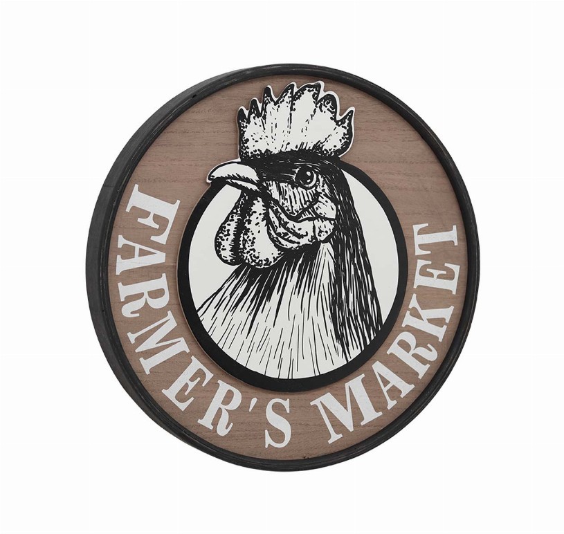 Round Farmers Market Sign- Farmhouse Wall Decor- Vintage Retro Rooster Sign for Home Decor Wall-15.75 Dia.x 1.5 inches