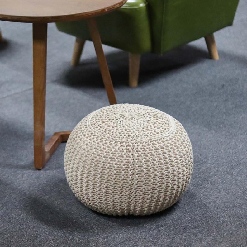 Round Knitted Pouf- Knit Bean Bag Floor Chair- Handmade Cotton BraiDecord- Home Decorative Seat for Living Room- Bedroom- Kid's 
