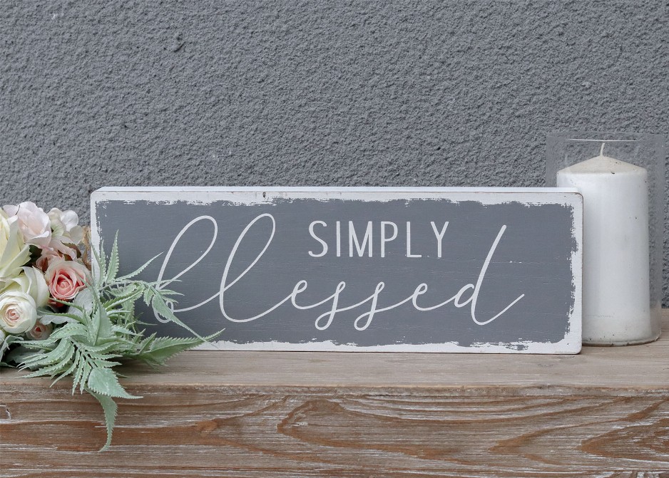 Simply Blessed Script Wooden Box Sign- Inspirational Wood Sign- Freestanding or Wall Hanging Decor- Farmhouse Home Decor- Gray W