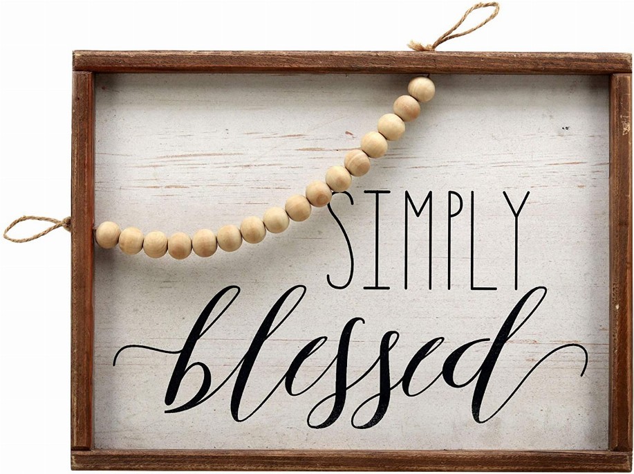 Simply Blessed White Washed Pine Wood Signs with Wood Beads|Wood Framed Farmhouse Wall Hanging Decor|Rustic Wood Wall Sign Plaqu