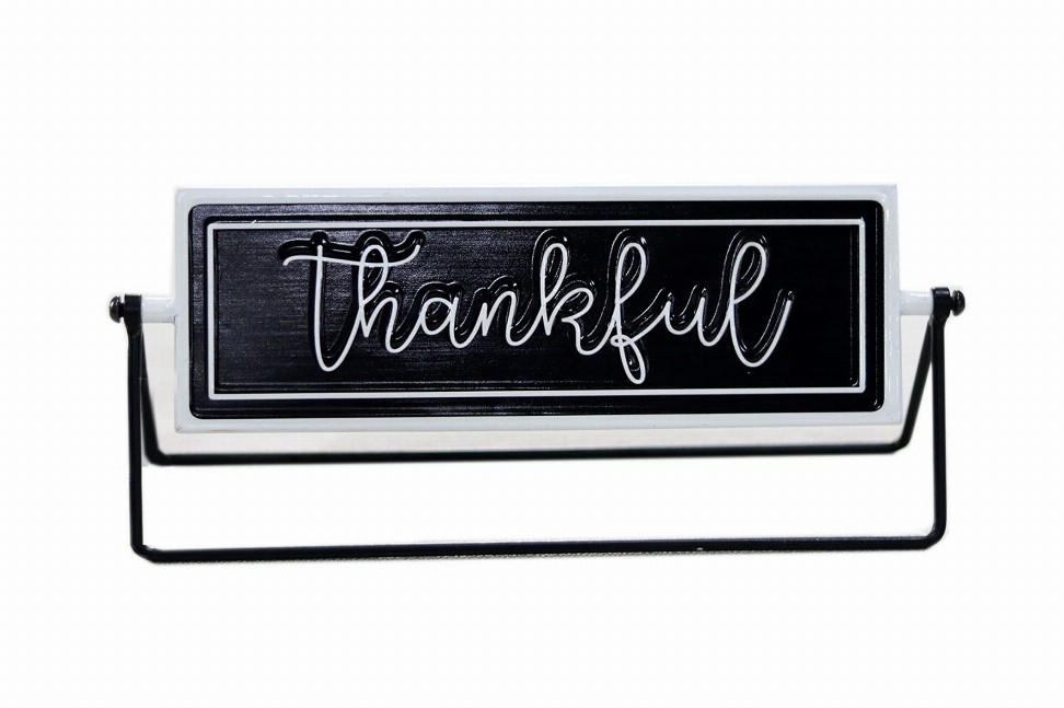 Thankful/Grateful Rotating Metal Tabletop Decor- Embossed Metal Words Modern Freestanding Sign Decor- Black/White- 12 x 3.125 x 