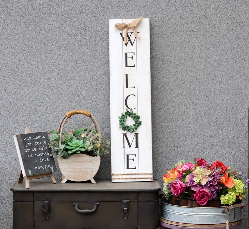 Vertical Wooden Welcome Sign Plaque with Wreath Wall Hanging Decor|Large Farmhouse Decor for Entryway-Front Door