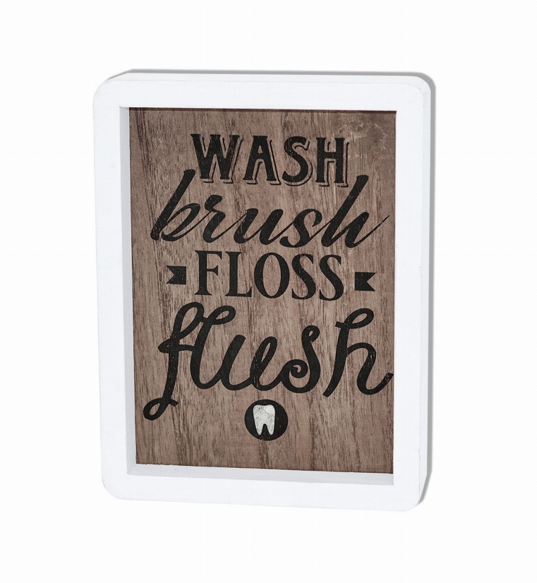 Wash Brush Floss Flush Bathroom Wood Framed Wall Sign- Bathroom Rules Wood Wall Hanging Decor- 6" x 8"