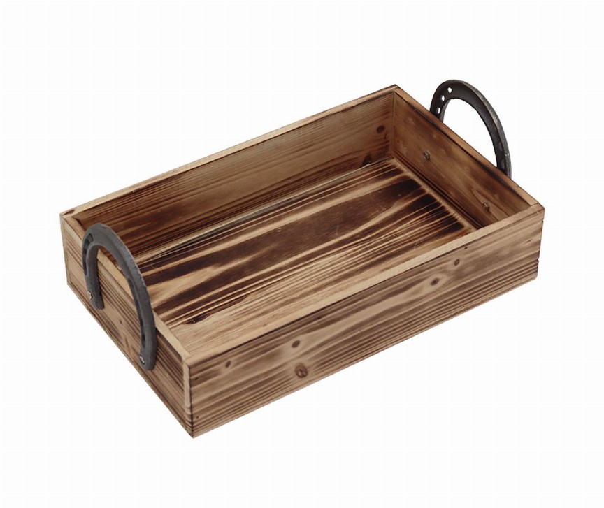 Wood Storage Box Bathroom Tray Organizer and Home Decor- Rustic Wooden Crate with Horseshoe Handles-Brown Basket-Set of 2