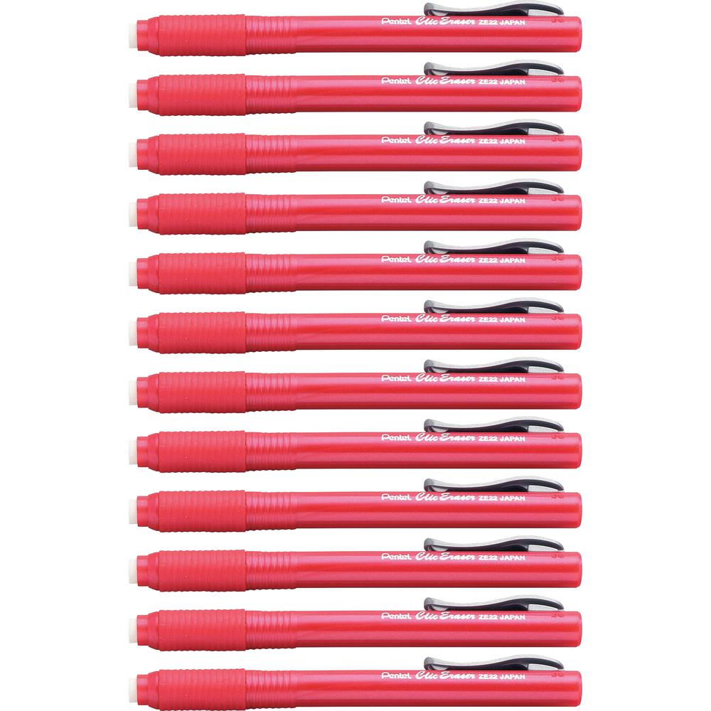 Pentel Rubber Grip Clic Eraser - Red - Pen - Refillable - 12 / Box - Retractable, Latex-free Grip, Pocket Clip, Ghost Resistant