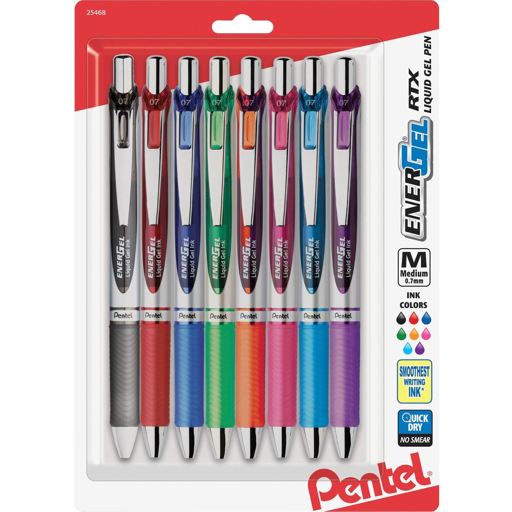 Pentel Liquid Steel Tip Gel Pens - Medium Pen Point - 0.7 mm Pen Point Size - Refillable - Retractable - Assorted Gel-based Ink 