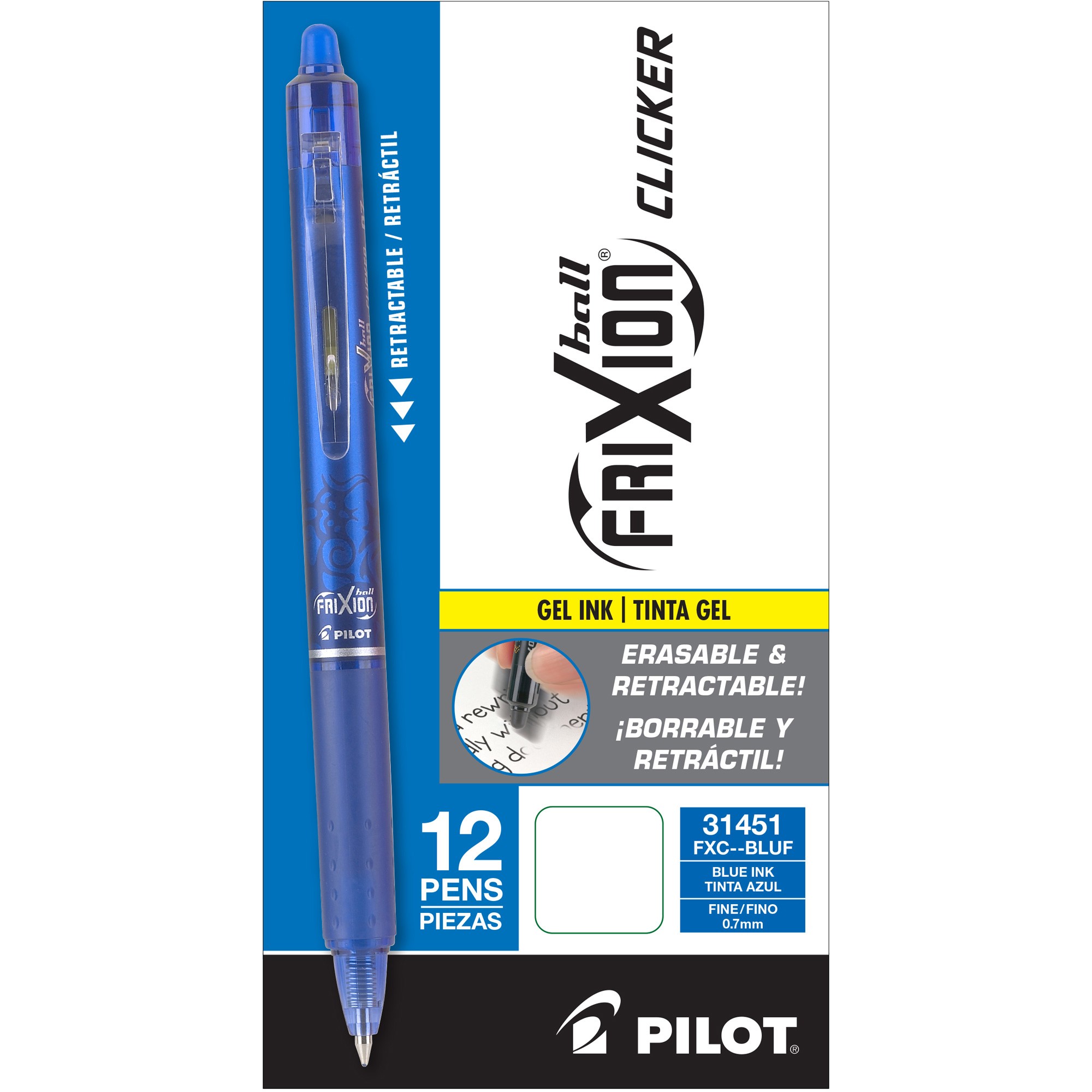 Pilot FriXion .7mm Clicker Erasable Gel Pens - Fine Pen Point - 0.7 mm Pen Point Size - Retractable - Blue Gel-based Ink - 1 Doz
