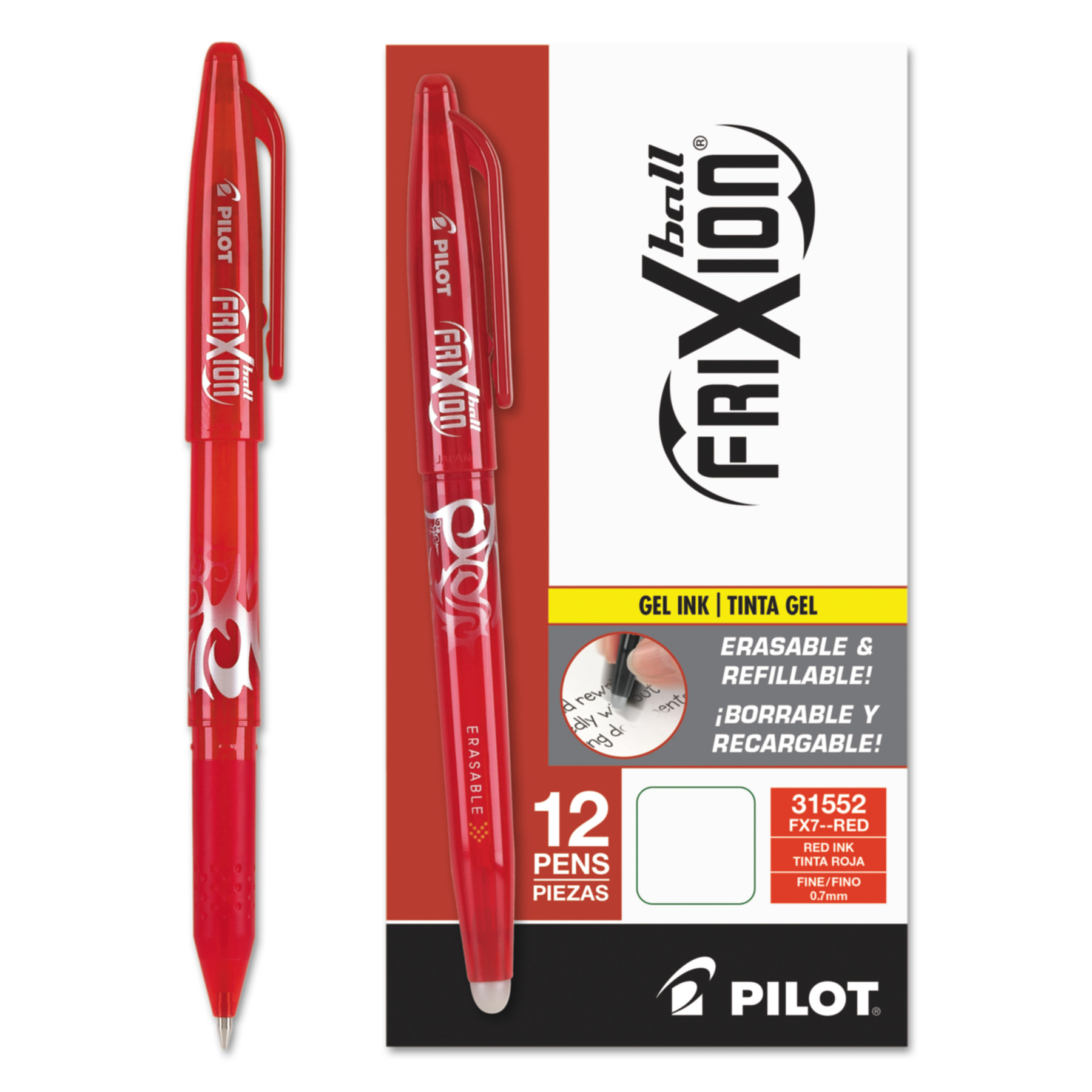 Pilot FriXion Ball Erasable Gel Pens - Fine Pen Point - 0.7 mm Pen Point Size - Red Gel-based Ink - Red Barrel - 1 Dozen