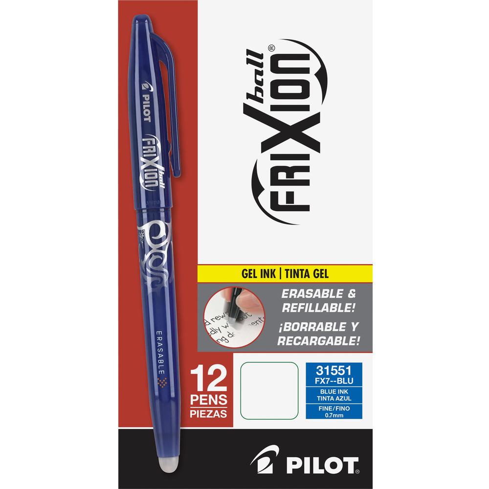 Pilot FriXion Ball Erasable Gel Pens - Fine Pen Point - 0.7 mm Pen Point Size - Blue Gel-based Ink - Blue Barrel - 1 Dozen